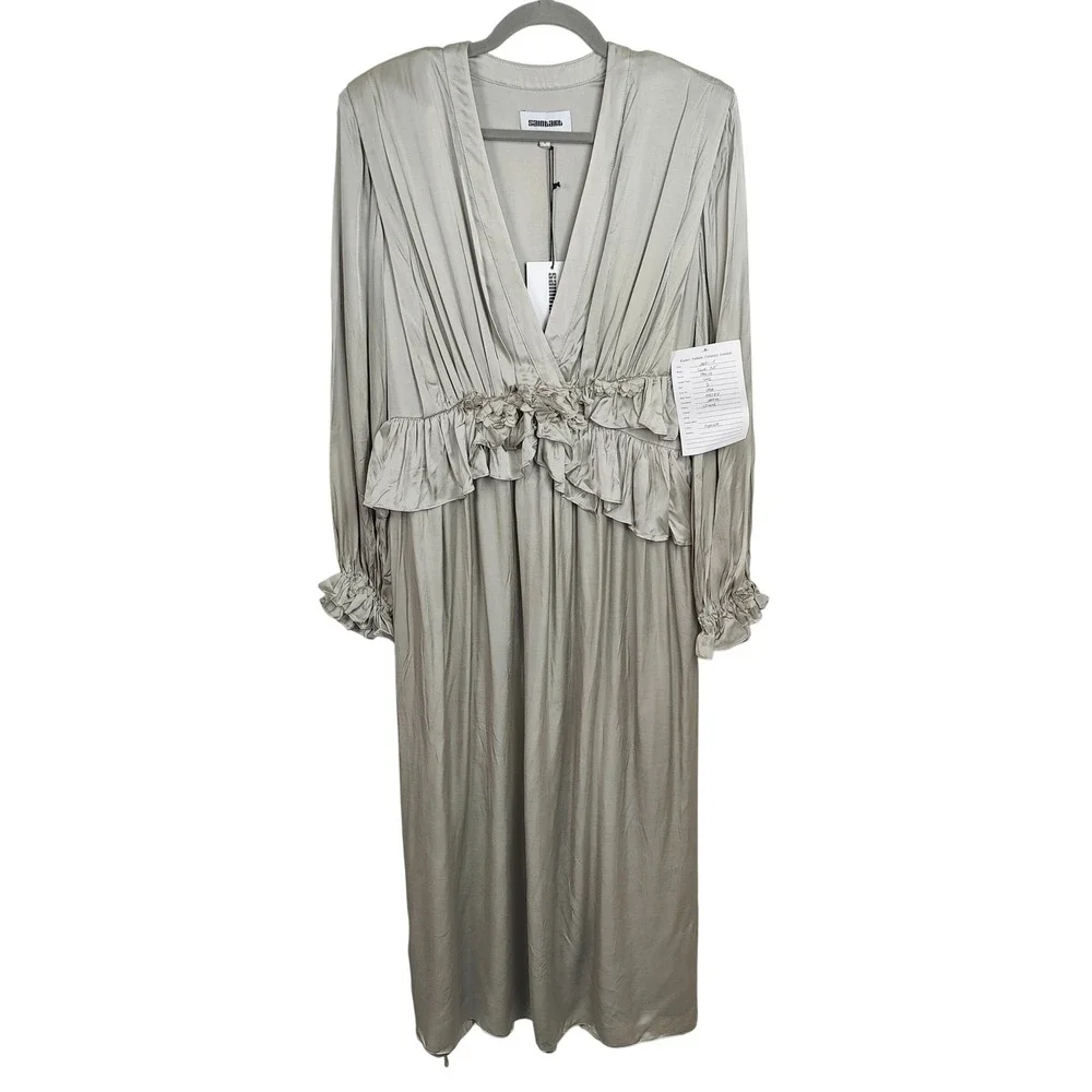 Saint Art Mateo Dress Womens Small Pumice Gray‎ Plunge Satin Ruffle Trim NWT - Picture 2 of 8